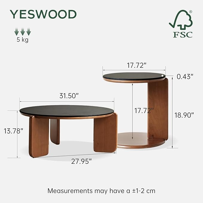 YESWOOD Round Coffee Table Set of 2, Wood Nesting Tables with Sintered Stone Top, Mid Century Morden Table,Small Coffee Table Living Room Table for Bedroom Balcony Living Room
