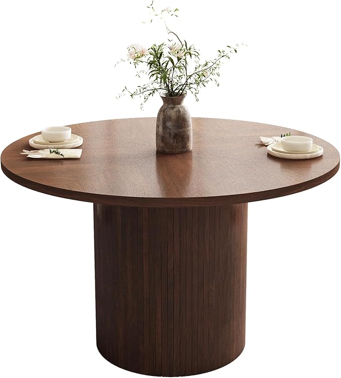 47 Inch Round Dining Table, Farmhouse Fluted Dining Kitchen Table, Modern Wood Small Circle Dining Table for Kitchen Living Room, Walnut