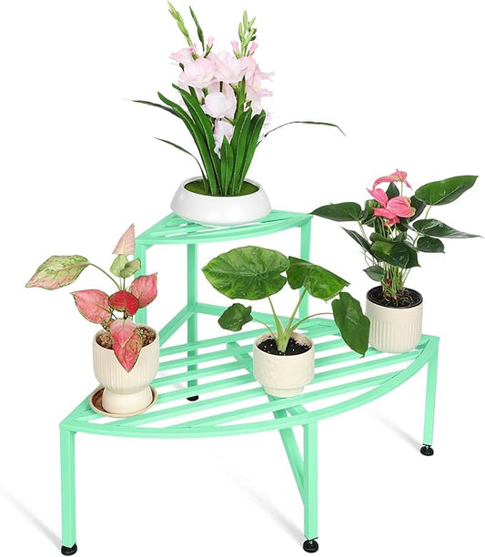 Corner Plant Stand Outdoor Metal,2 Tier Heavy Duty Ladder Plant Shelf Indoor for Multiple Plants,37.08" L x 22.83" W x 20.07" H,Mint Green