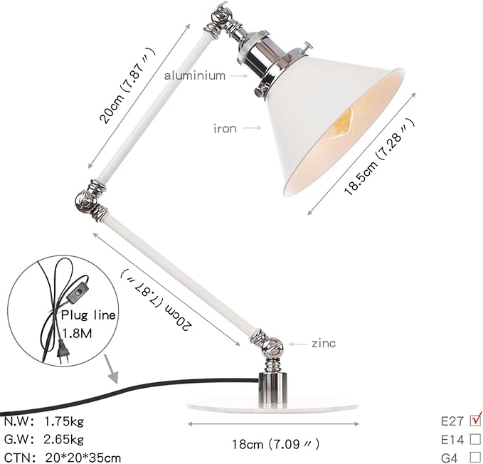Makeup Vintage Desk Lamp, Industrial Metal Task Table Lamp with Adjustable Swing Arm, Bedroom Bedside Night Light Cafe Retro Reading Lighting,White