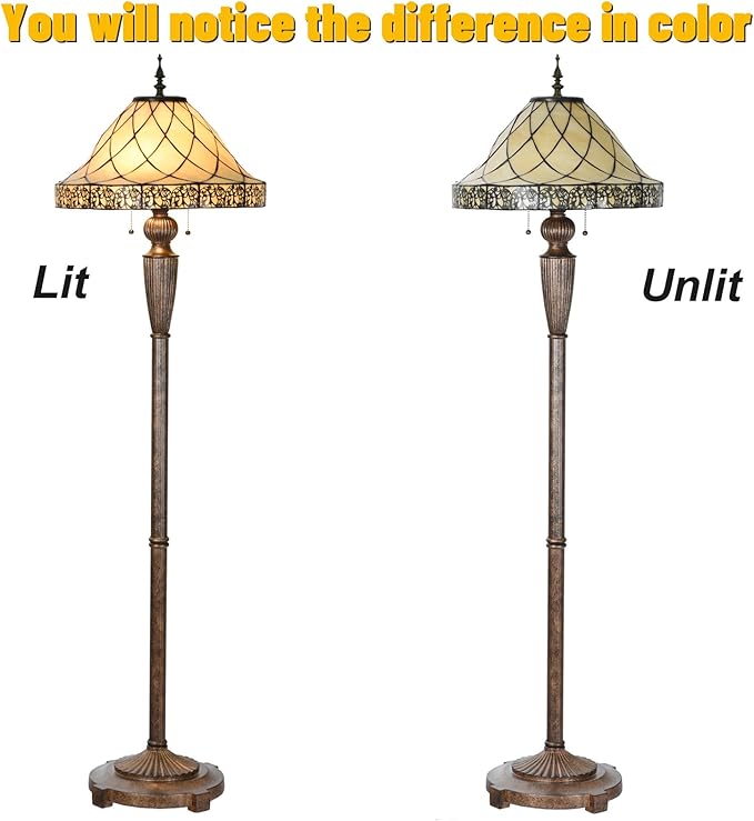 FL0002 Tiffany Floor Lamp Stained Glass Lampshade Beige-Like Color with Geometric Pattern, Warm Glow & Elegant Design, Antique Finished Lampbase, W 18 X H 62.5 Inches, LED Bulbs Included