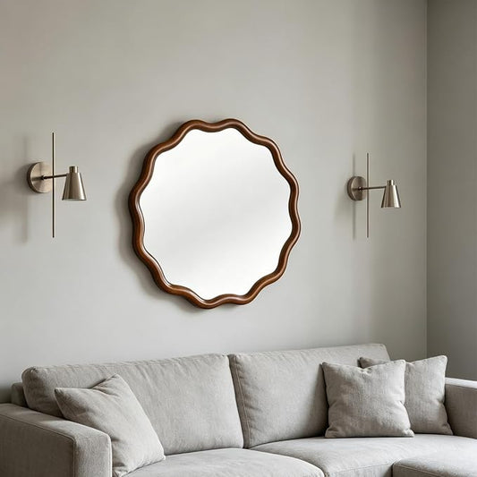 24" Wavy Edge Round Mirror, Solid Wood Framed Wall Decor with Clear Reflection for Bathroom, Bedroom, Living Room & Entryway (Dark Walnut)