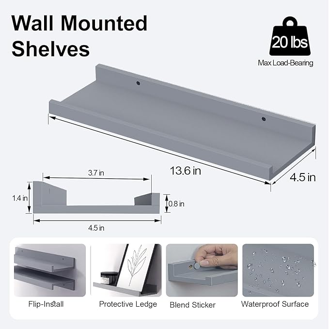 Floating Shelves for Wall Decor, Wall Mounted Wood Storage Shelf for Bedroom, Living Room, Bathroom, Kitchen, Nursery, Display Picture Ledge Shelf with Lip Set of 2-14 Inches, Grey