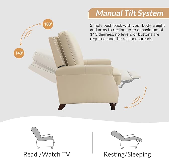 HULALA HOME Genuine Leather Recliner Chair Set of 2, Push Back Recliner Armchair with Thick Seat and Backrest, Comfy Adjustable Home Theater Single Recliner w/Nailhead Decor for Living Room(Beige)