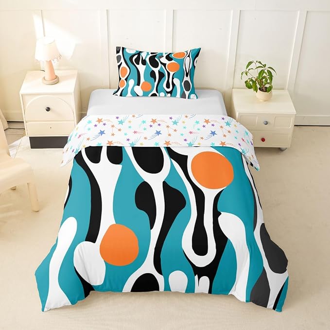 Erosebridal Mid Century Modern Abstract Duvet Cover Set Vintage Geometric Girl Toddler Bedding Set for Toddler Boys Contemporary Organic Shapes Comforter Cover Squiggle Blob Bed Sets,Teal Orange