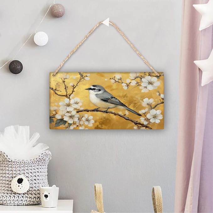 Opulent Retro Bird & Floral Wooden Wall Art, Luxe Home Decors for Vintage Admirers, 12x6 Inch Wood Sign for a Bold Bedroom Statement
