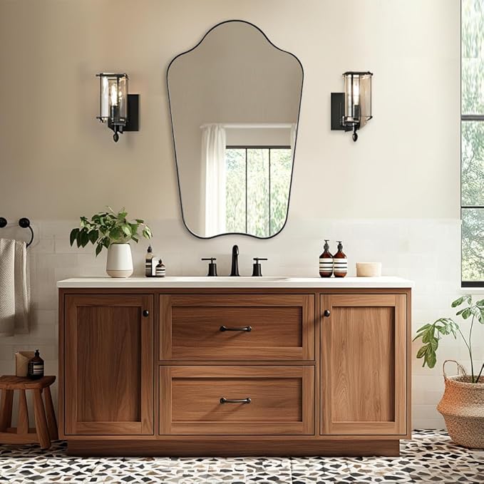 ANDY STAR Scalloped Bathroom Mirror, 24x36 Black Irregular Mirror with Curved Design, Wavy Wall Mirror for Vanity, Powder Room, Stainless Steel Frame, Anti-Rust