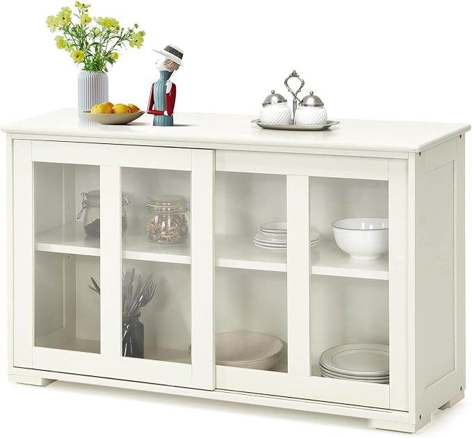 Sideboard Buffet Cabinet, Stackable Cupboard Storage Table with Adjustable Shelf & Glass Sliding Doors, Wooden Credenza Coffee Bar Cabinet for Kitchen/Dining Room/Living Room/Entryway (White)