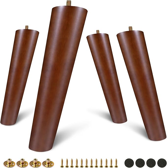 FoDau770 Brown Rubber Wood Furniture Legs 10 Inches, Slant Tapered Wood Feet Mid Century Sofa Legs Set of 4, 5/16" UNC Furniture Feet Replacement Parts for Cabinet Couch Dresser Chair Ottoman Table