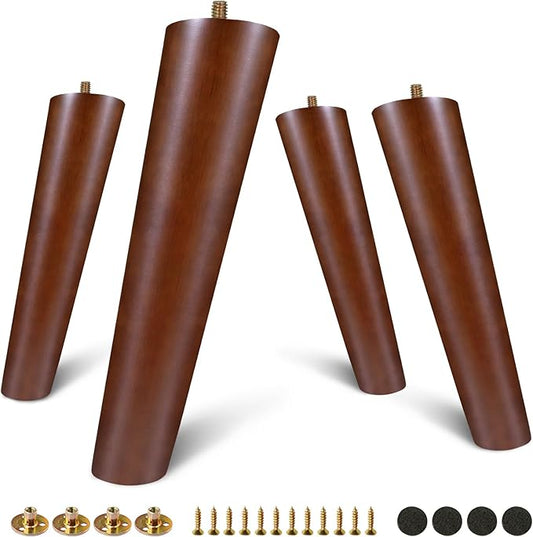 FoDau770 Brown Rubber Wood Furniture Legs 10 Inches, Slant Tapered Wood Feet Mid Century Sofa Legs Set of 4, 5/16" UNC Furniture Feet Replacement Parts for Cabinet Couch Dresser Chair Ottoman Table