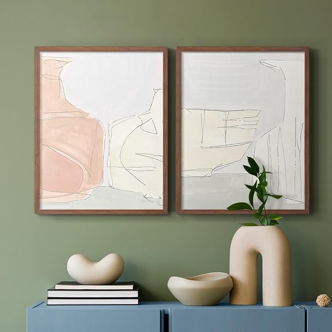 Renditions Gallery Set of 2 Peel & Stick Framed Prints, Neutral Abstract Wall Art, Soft Tones Delicate Linework Wall Decor, Re-Stickable - Ready to Hang - 11"x14" - Walnut Frame LT588