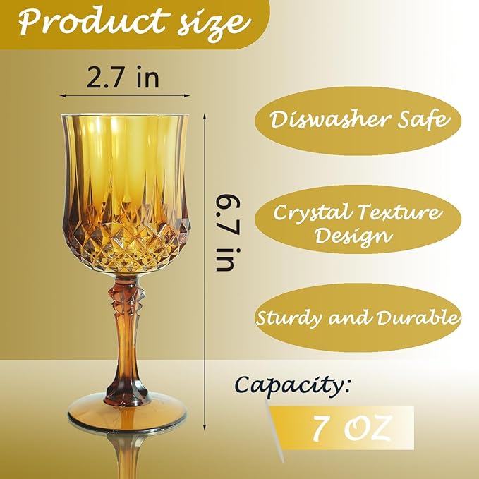 Plastic Wine Glasses, Plastic Goblets Vintage Style Cordial Drinking Glasses for Valentine’s Day, Wedding Reception, Grand Event Party Supplies (100, Amber)