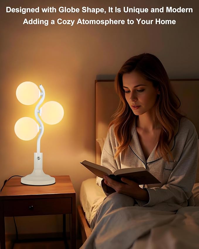 Lightdot Mid Century Globe Table Lamp Dimmable Modern 3 Lights White Desk Lamp 3000K Warmwhite Bedside Table Lamp for Bedroom Living Room Study Room(G9 Bulbs Included)
