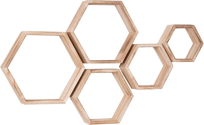WONFUlity Hexagon Floating Shelves Honeycomb Shelves Wall Mounted Wood Farmhouse Storage Wall Shelf for Bathroom, Kitchen, Bedroom, Living Room,Driftwood Finish Decor,Light Brwon
