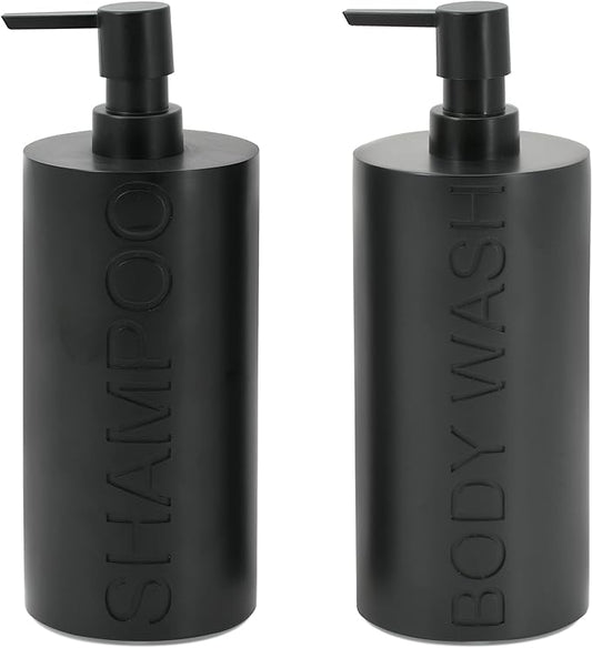 2-Pack Matte Black Resin Refillable Shampoo & Body Wash Bottles – Modern Bathroom Pump Dispenser Set, Durable Resin Shower Containers with Embossed Labels, Reusable Pump Bottle
