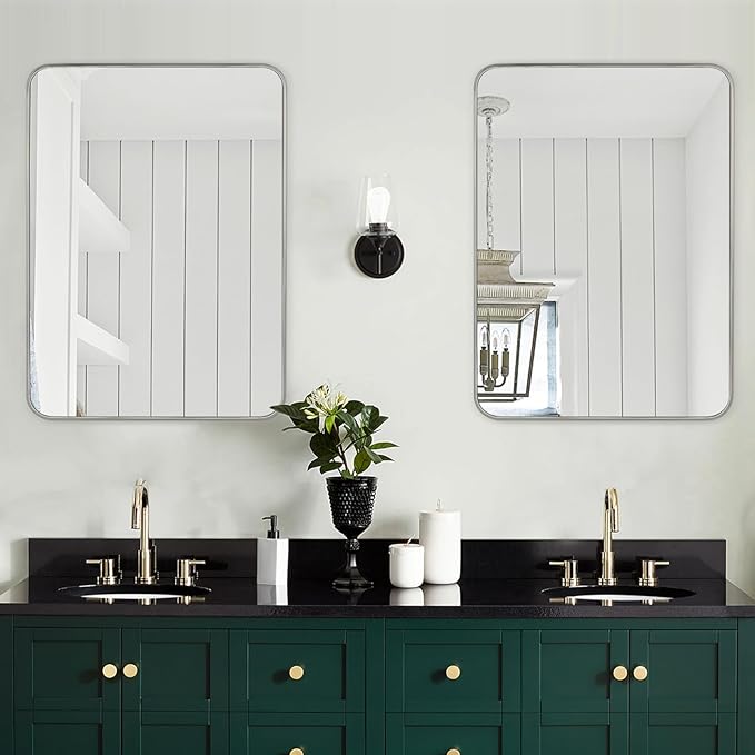 Bathroom Mirror Brushed Nickel, 28 x 36 Inch Metal Frame Rectangle Mirror Rounded Silver Modern Vanity Mirror Anti-Rust for Bathroom, Farmhouse Wall Mounted Vertically/Horizontally
