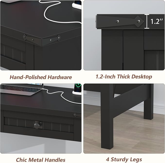 YOMILUVE Farmhouse Computer Desk with 2 Drawers, 39 Inch Small Black Computer Desk with Power Outlets, Home Office Desk Compact Writing Study Table for Small Spaces