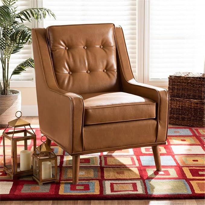 BOWERY HILL Lounge Armchair, Tan Faux Leather Upholstery, Walnut Brown Finished Wood, Button-Tufted Backrest, Removable Seat Cushion, Mid-Century Style, 37.2" H x 27.6" W x 34.1" D Accent Chair for