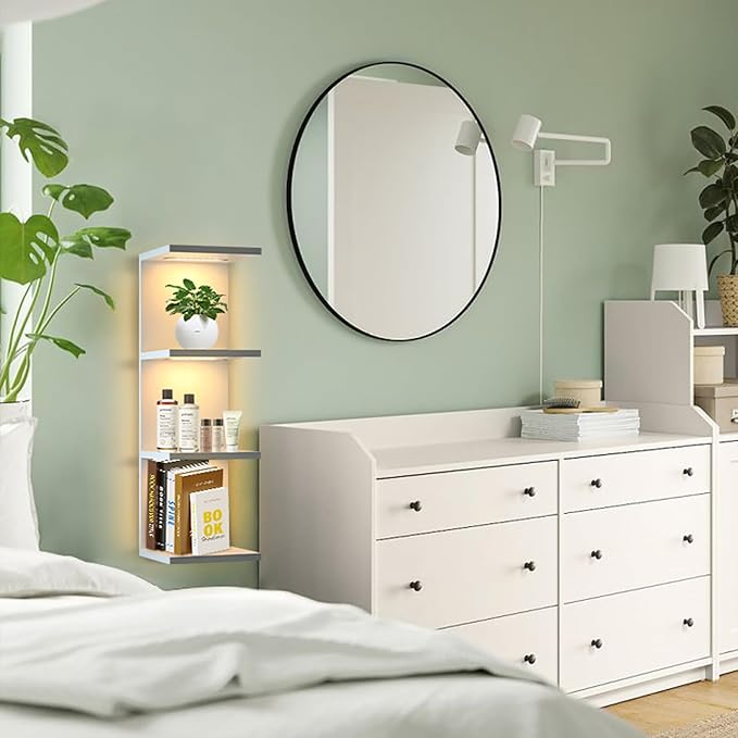 4-Tier Wall Shelf Unit with LED Lights, Floating Lack Shelf for Home Decor, Wall Mounted Vertical Display Shelf for Bedroom Living Room Vanity, White