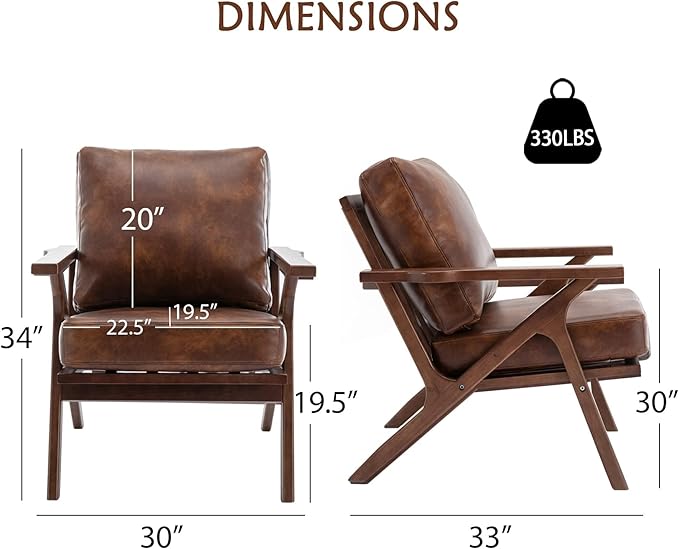 Bonzy Home Mid Century Modern Chairs,Accent Chairs Set of 2, Comfy Upholstered PU Leather Armchair with Solid Wood Frame, Retro Leisure Chair Reading Nook Chair for Living Room Bedroom Office