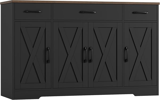 HOSTACK Buffet Sideboard Cabinet with Drawers, 55" Large Buffet Storage Cabinet with Shelves and Doors, Modern Farmhouse Coffee Bar Station for Kitchen, Dining Room, Black/Rustic Brown