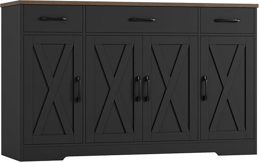 HOSTACK Buffet Sideboard Cabinet with Drawers, 55" Large Buffet Storage Cabinet with Shelves and Doors, Modern Farmhouse Coffee Bar Station for Kitchen, Dining Room, Black/Rustic Brown