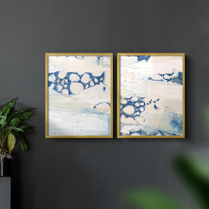 Renditions Gallery Set of 2 Peel & Stick Framed Prints, Textured Abstract Wall Art, Beach Themed Bubble Design Wall Decor, Re-Stickable - Ready to Hang - 11"x14" - GOLD Frame LT588