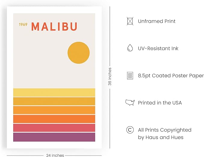 HAUS AND HUES California Travel Poster - Vintage Malibu Beach Print, Retro 1960s Aesthetic Decor (Unframed, 24x36)