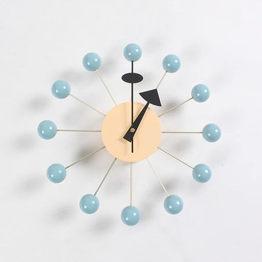 SHISEDECO Mid Century Retro Design Painted Solid Wood Non Ticking Decorative Modern Silent Wall Clocks for Home, Kitchen, Living Room, Office etc. (Ball Clock in Blue)