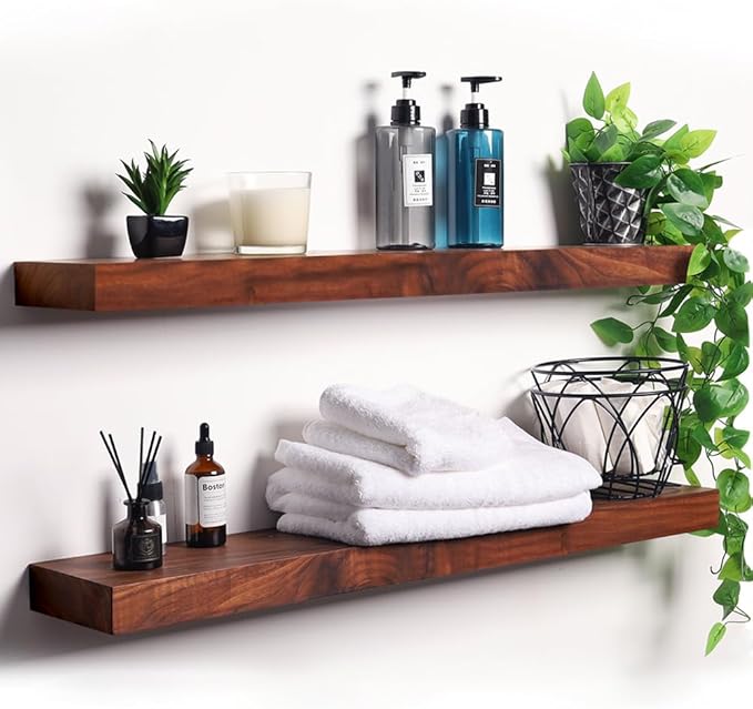 Walnut Wood Floating Shelves for Wall Mount, Thicker and Wider Sturdy Wood Shelf for Bedroom, Bathroom Kitchen and Living Room Decor,36 x 6 x 1.5 inche, Set of 2 (Walnut, 36")