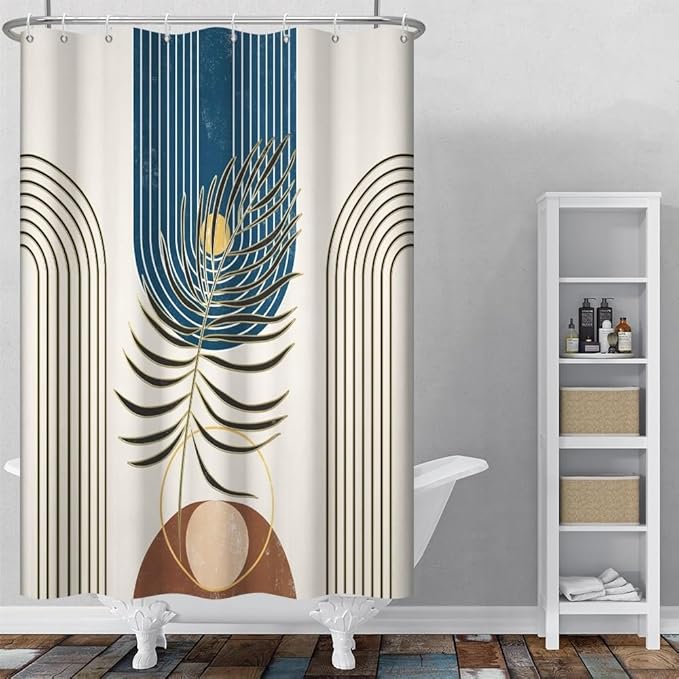 Mid Century Boho Shower Curtain for Bathroom Modern Abstract Minimalist Bathroom Decor Set Plant Leaves Arch Sun Bathtub Curtains Machine Washable Waterproof Polyester Fabric with Hooks 36x72 Inch