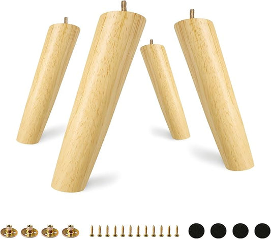 FoDau770 Rubber Wood Furniture Legs 9 Inches, Slant Tapered Wood Feet Mid Century Sofa Legs Set of 4, 5/16" UNC Furniture Feet Replacement Parts for Cabinet Couch Dresser Chair Ottoman Table