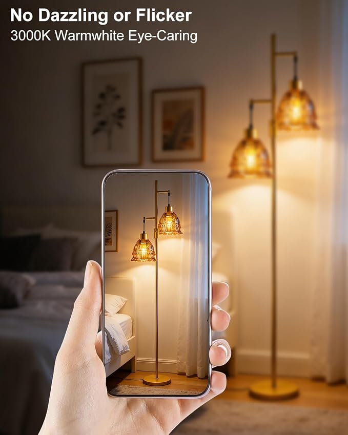2-Light Modern Glass Floor Lamp, Gold Tall Standing Lamp with Amber Lace Glass Shade for Reading, Dimmable LED Floor Lamp with 5Lbs Heavy Base for Living Room Bedroom Home Decor, Bulb Included