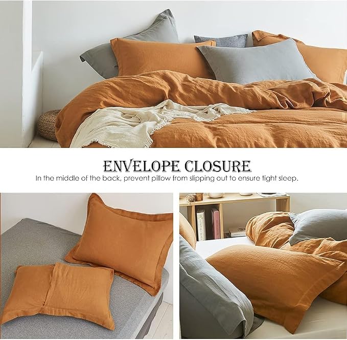 Simple&Opulence 100% Linen Duvet Cover Set, 3 PCS Natural French Flax Rust Duvet Cover California King Size, Breathable Soft Comfy Linen Bedding Comforter Cover with 2 Pillowcases(Rust, 104"x98")