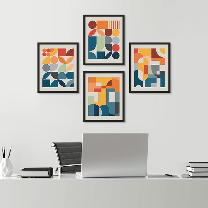 SIGNWIN Framed Mid-Century Modern Colorful Geometric Polygons Wall Art, Set of 4 Abstract Geometric Wall Decor Prints, Nature Wilderness Wall Décor for Living Room, Bedroom - 11"x14" Black
