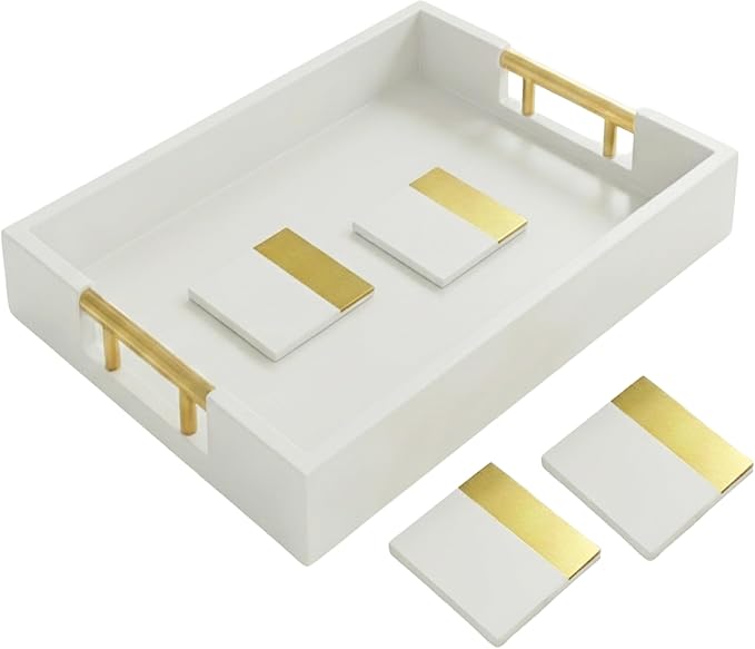 Wood Serving Tray with Gold Polished Metal Handles, Home Decorative Wooden Rectangle Ottoman Decor Platter Bathroom Vanity Tray for All Occasions, Gloss Finish, 16"x12", White