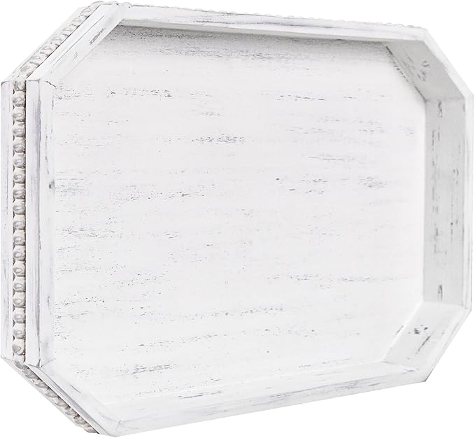 MAONAME Wood Serving Tray, Farmhouse Wooden Tray for Coffee Table, Octagonal Beaded Trays, Vintage White Decorative Trays for Living Room, Kitchen, 15.7" X 10.2" X 1.6"