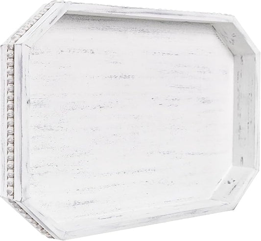 MAONAME Wood Serving Tray, Farmhouse Wooden Tray for Coffee Table, Octagonal Beaded Trays, Vintage White Decorative Trays for Living Room, Kitchen, 15.7" X 10.2" X 1.6"