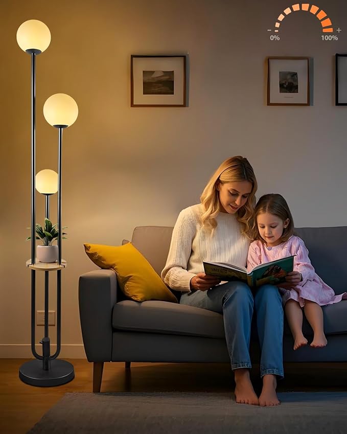 Lightdot Dimmable Floor Lamp for Living Room 3-Globe Standing Lamp with Table Candle Holder Style 3000K Warmwhite Bulbs Included Black Tall Lamps with 5Lbs Heavy Base for Sofa Beside/Corner Decor