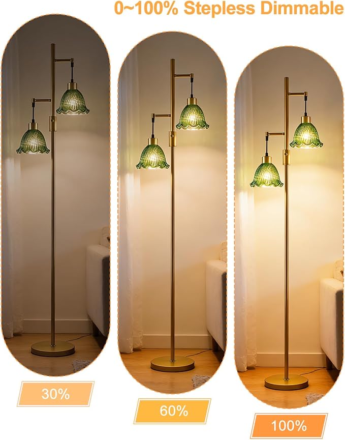 2-Light Modern Glass Floor Lamp, Gold Tall Standing Lamp with Green Bell Glass Shade for Reading, Dimmable LED Floor Lamp with 5Lbs Heavy Base for Living Room Bedroom Home Decor, Bulb Included