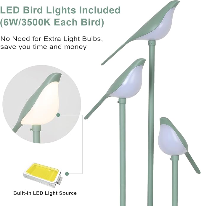 Bird Floor Lamp for Bedroom, Green Standing Lamps for Living Room, Corner Tall Lamp with Table, 3-Lights Vintage Floor Lamp, Modern Stand Up Lamp for Office, Girls Room, Unique Bird Lamps