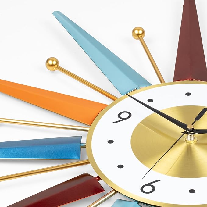 Large Starburst Wall Clock for Living Room Decor 24 Inch Metal Decorative Mid Century Wall Clcok Big Modern Silent Quality Quartz Clock Battery Operated Non Ticking for Kitchen Office Bedroom