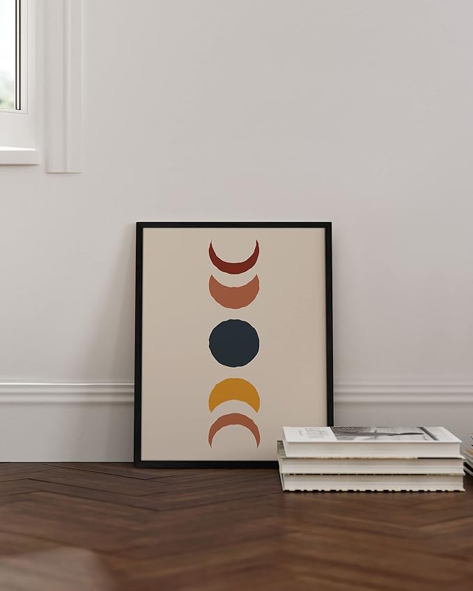 HAUS AND HUES Moon Phases Wall Art - Colorful Moon Transition, Mid Century Modern Boho Decor, Celestial Moon Poster, Black Frame 16x20