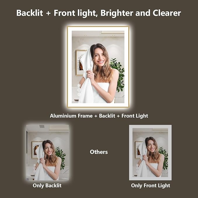 36x30 Inch LED Bathroom Mirror with Lights (Front Lit and Backlit) Gold Framed Lighted Vanity Mirror for Bathroom Wall Dimmable Anti-Fog Memory Tempered Glass Horizontal/Vertical