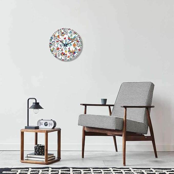 Animals Mexican Wall Clock Battery Operated Flowers Bird Spring Colorful Traditional Clip Art Wall Clock Silent Non Ticking Quality Quartz 10 Inch Round Easy Clock to Read for Home Office