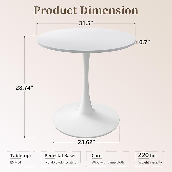 31.5 Inch Round Dining Table,Mid-Century Tulip Table with Metal Pedestal Base,Modern Leisure Table for Small Space Kitchen Dining Room,Easy Assembly,White
