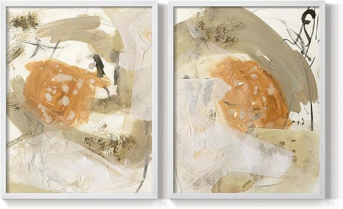 Renditions Gallery Set of 2 Peel & Stick Framed Prints, Neutral Abstract Wall Art, Earthy Tones Blended Brushstrokes Wall Decor, Re-Stickable - Ready to Hang - 11"x14" - White Frame LT588