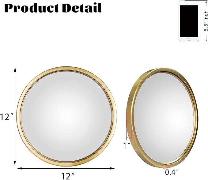 12" Gold Round Convex Mirror, Small Circle Wall Mirror with Thick Metal Framed, Round Decorative Wall Mirror for Bathroom, Vanity