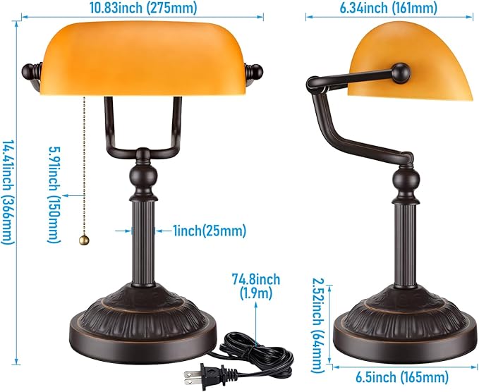 TORCHSTAR Amber Glass Bankers Desk Lamp, Antique Desk Lamps with Retro Weighted Base, Traditional Library Lamp with Pull Chain, E26 Base, Vintage Desk Lamp for Office, Study Room(Matted Orange)