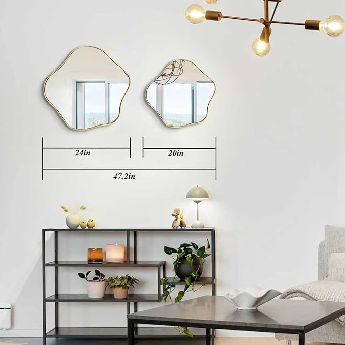 Irregular Shaped Mirror, 20" Gold Asymmetrical Mirror for Wall, Wavy Round Mirrors Decorative, Modern Scalloped Mirrors for Living Room Bathroom Bedroom Hallway Entryway Fireplace